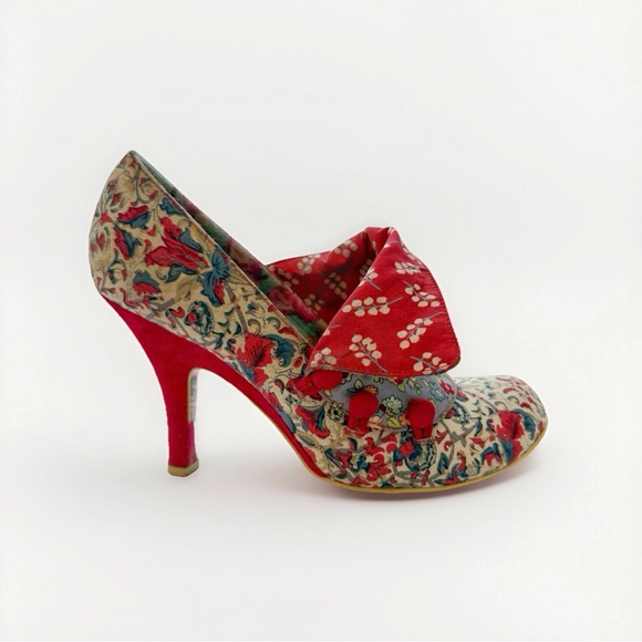 Irregular Choice Shoes - MUTINY IRREGULAR CHOICE BLUE WHITE FLORAL PRINT RED VELOUR HIGH HEELS
